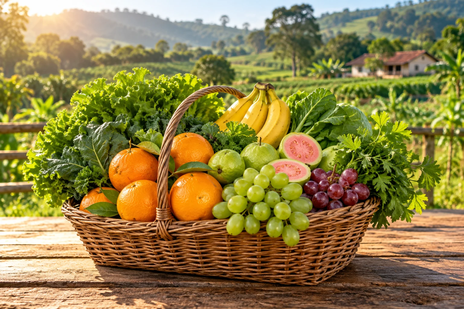Cesta com frutas e hortaliças em uma paisagem rural — ilustração gerada por IA.